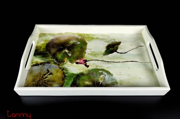 Cream rectangular lacquer tray with  hand-painted lotus 20*32cm